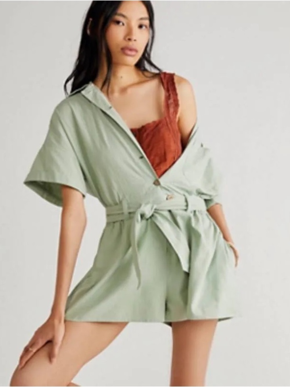Free People Bohemian Sage Green Cotton No Plans Button Front Romper Size Medium